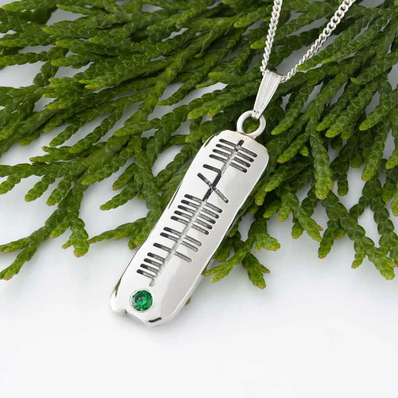 Personalized Solid Silver Ogham Birthstone Pendant with Chain