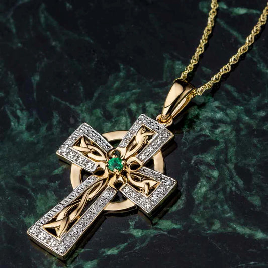 14k Gold Diamond & Emerald Celtic Cross Pendant