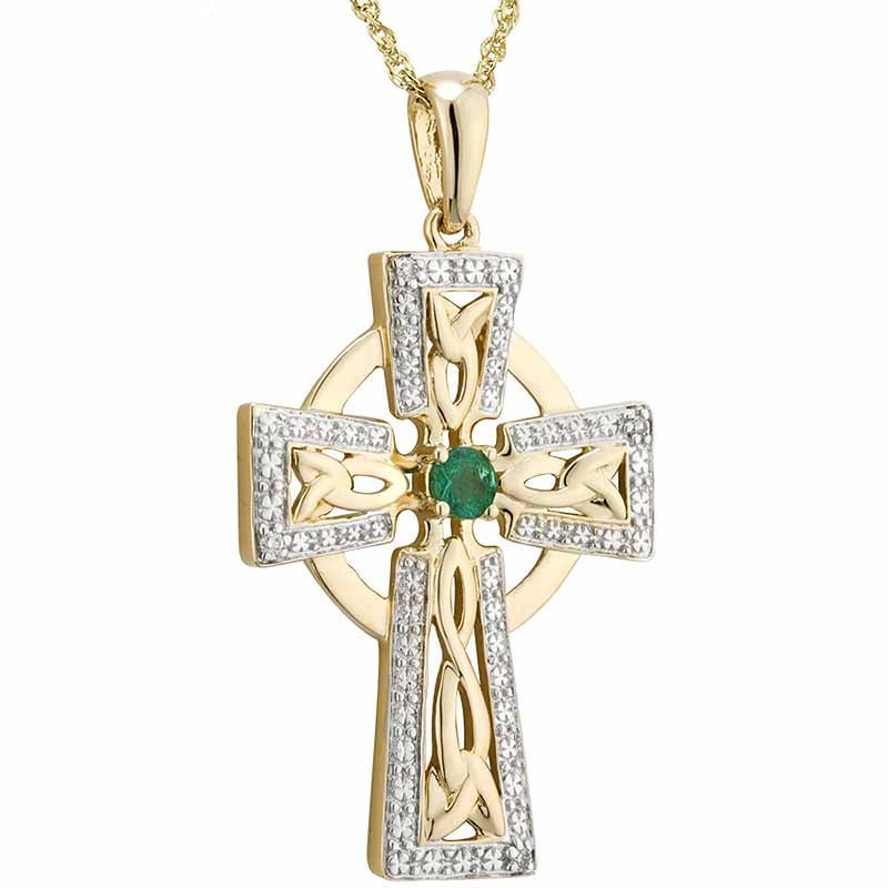 14k Gold Diamond & Emerald Celtic Cross Pendant
