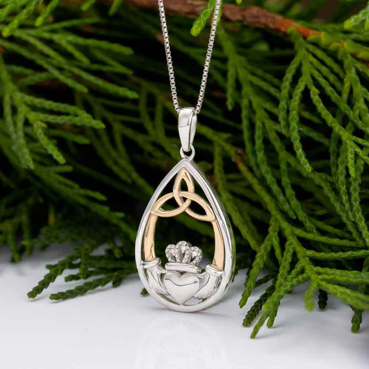 Diamond Sterling Silver 10k Yellow Gold Claddagh Trinity Knot Pendant