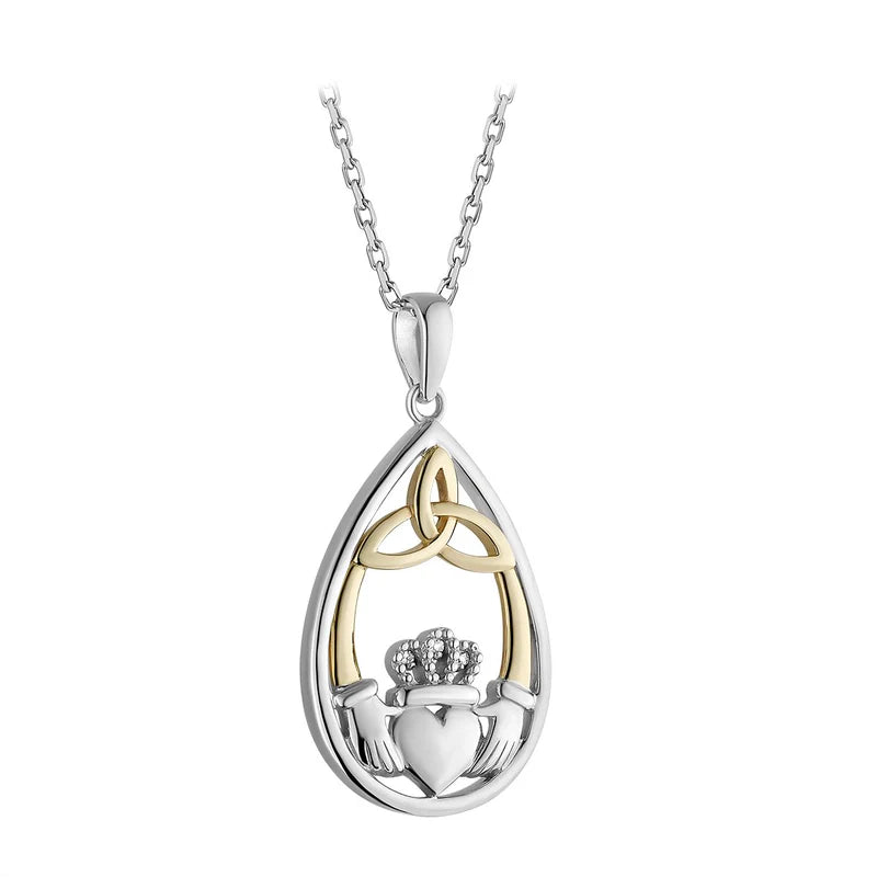 Diamond Sterling Silver 10k Yellow Gold Claddagh Trinity Knot Pendant